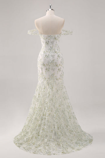 Mermaid White Green Flower Off The Shoulder Long Prom Dress